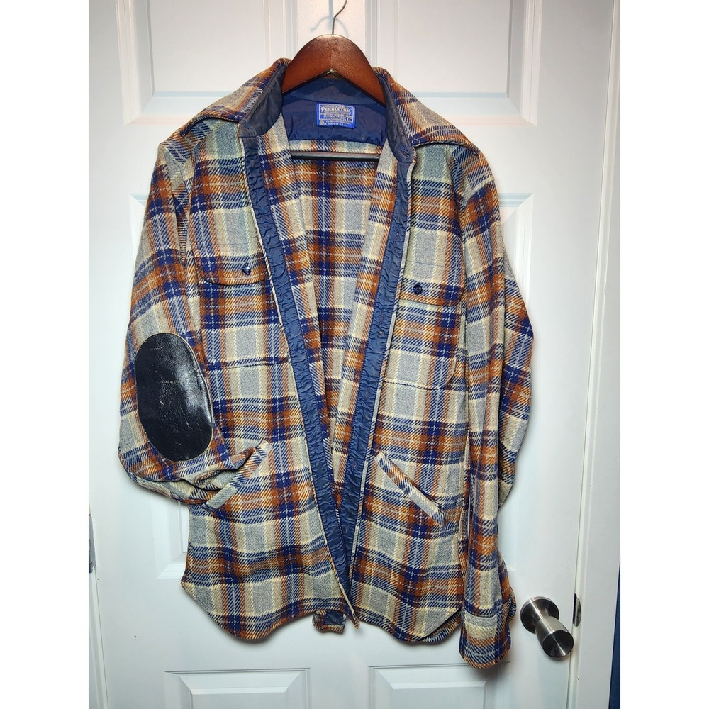Vintage 60s Pendleton Wool Shirt Jacket L USA Plaid Leather Elbow Patch 4 Pocket
